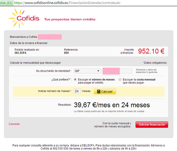 Elige la mensualidad o los meses a pagar con Cofidis Cofidis-Online-Delsofa.es-3