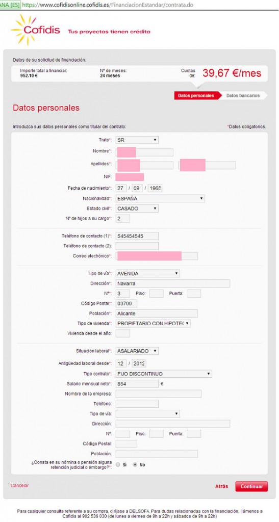 Rellena los datos personales en la plataforma de Cofidis Cofidis-Online-Delsofa.es-4