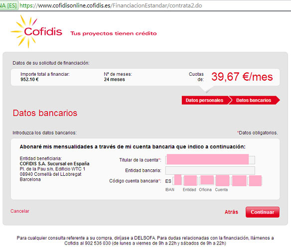Rellena los datos bancarios en la plataforma de Cofidis Cofidis-Online-Delsofa.es-5